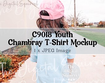 Youth Comfort Colors 9018 Chambray T-Shirt Mockup | Back View | Mock Up of a Girl wearing a Kids C9018 Tee Shirt | JPEG File