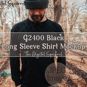 May include: A black long sleeve shirt mockup with the text "G2400 Black Long Sleeve Shirt Mockup" and "The Digital Squirrel" on a brown background.