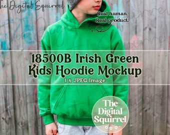 Kids Gildan 18500B Irish Green Hoodie Mockup | Outdoor Mock Up of a Boy wearing a Youth G185b Hooded Sweatshirt | JPEG File
