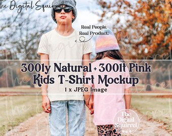 Kids Bella Canvas T-Shirt Mockup | Sibling Mock Up of a Boy and Girl wearing 3001t in Pink & 3001y in Natural | JPEG File
