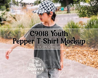 Youth Comfort Colors C9018 Pepper T-Shirt Mockup | Lifestyle Mock Up of a Boy wearing a 9018 Kids Tee Shirt | JPEG File