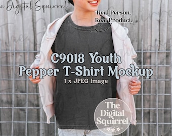 Youth Comfort Colors C9018 Pepper T-Shirt Mockup | Lifestyle Mock Up of a Boy wearing a 9018 Kids Tee Shirt | JPEG File