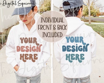 Kids Gildan 18500B White Hoodie Mockup | Front & Back | Kids 18500B Hooded Sweatshirt Mock Up | JPEG File