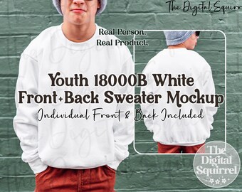 Kids Gildan 18000B White Sweater Mockup | Front & Back Mock Up of a Boy wearing a G180B Youth Sweatshirt | JPEG File