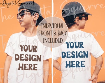 Youth Comfort Colors 9018 White T-Shirt Mockup | Kids 9018 Front and Back | Boy Summer Outdoor Mock Up | JPEG Image