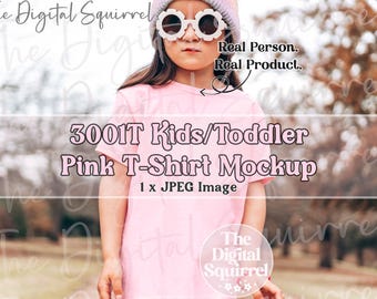 Kids Bella Canvas 3001T Pink T-Shirt Mockup | Fall/Autumn Lifestyle Mock Up of a Girl wearing a 3001t Toddler Tee Shirt | JPEG File