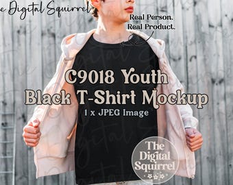 Youth Comfort Colors 9018 Black T-Shirt Mockup | Lifestyle Mock Up of a Boy wearing a Kids C9018 Tee Shirt | JPEG File