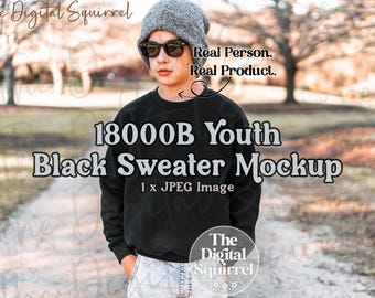 Kids Gildan 18000B Black Sweater Mockup | Outdoor Mock Up of a Boy wearing a G180b Youth Sweatshirt | JPEG File
