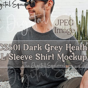 Bella Canvas 3501 Dark Grey Heather Long Sleeve Shirt Mockup | Men&#39;s 3501 Outdoor Mockup | JPEG File