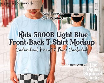 Kids Gildan 5000B Light Blue T-Shirt Mockup | Front & Back Mock Up of a Boy wearing a G500b Youth Tee Shirt | JPEG File