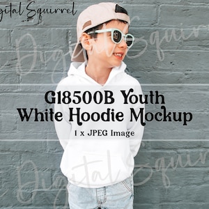 Kids Gildan 18500B White Hoodie Mockup | Boy 18500B Youth Hooded Sweatshirt Mock Up | JPEG File
