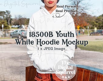 Kids Gildan 18500B White Hoodie Mockup | Lifestyle Mock Up Image of a Boy wearing a G185B Youth Hooded Sweatshirt | JPEG File