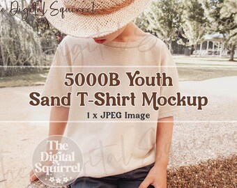 Kids Gildan 5000B Sand T-Shirt Mockup | Mock Up Photo of a Boy wearing a Youth G500b Tee Shirt | JPEG File