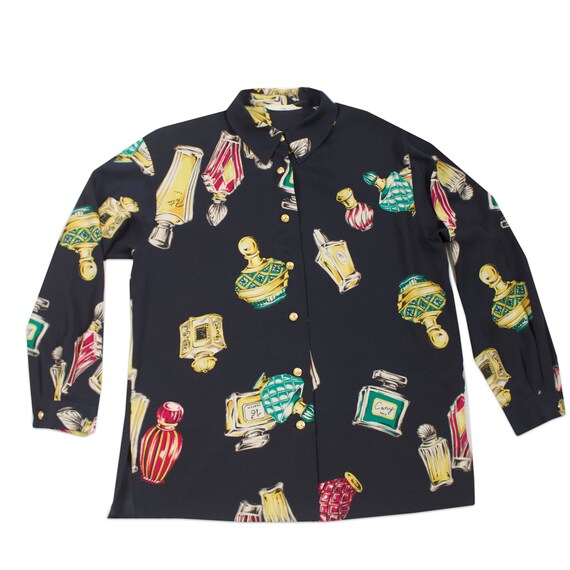 80s perfume print womens silky blouse