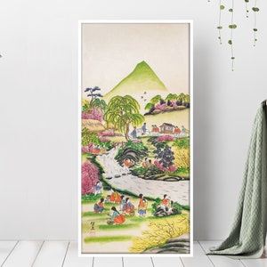 May include: A traditional Asian painting depicting a lush green landscape with a winding river, a mountain in the background, and people in colourful clothing gathered along the riverbank.