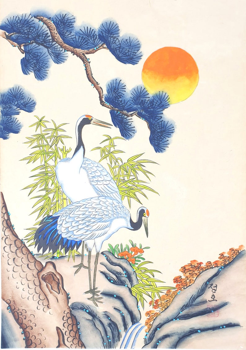 Redcrowned Crane Korea Folk Art Waterpainting / Gift / Etsy