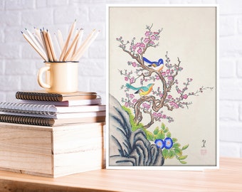 korea traditional Blossom folk style water painting  / Gift for friend / Personalized Gift / Anniversary / Art / Plant