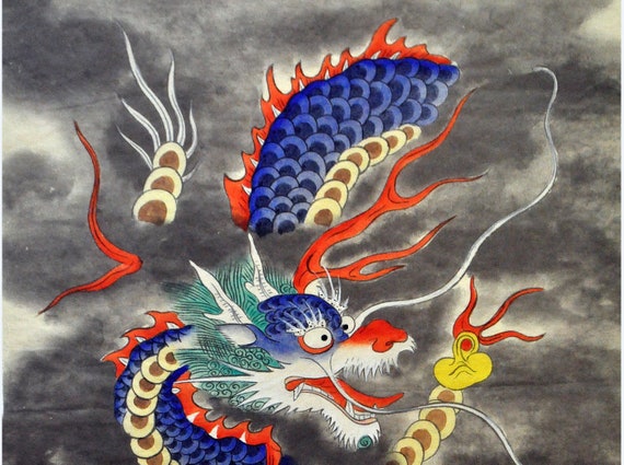 アート・デザイン・音楽 Vietnam Under the Sign Of The BlueDragon Blue Dragon Korean Folk Art Water Painting (12.2x17.2 Inch) - Etsy