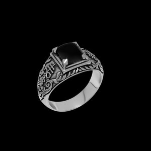 925 Onyx Brimstone Ringe, Satanischer Kreuz Ring, Leviathan Kreuz Ring, Satan Ring, Siegel des Satans Ring, Lucifer Sigil Satanismus Ring, Onyx Ring