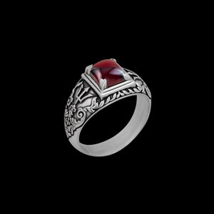 925 Sterling Silver Garnet Ring: Poseidon Trident Nautical Signet