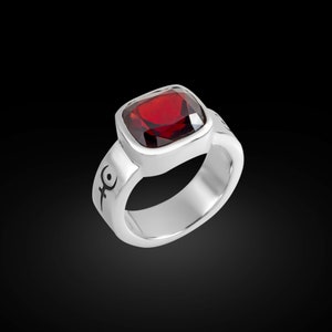 925 Square Garnet Ring with Hades on Shoulders, Hades signet ring, Pluto ring, Hades ring, Planet ring, Zodiac symbol of planet, Garnet ring