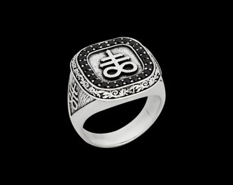 Sterling Silver Brimstone Ring: Satanic Cross, Onyx
