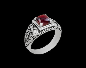 Garnet Sigil of Lucifer Ring: 925 Sterling Silver Satan Signet