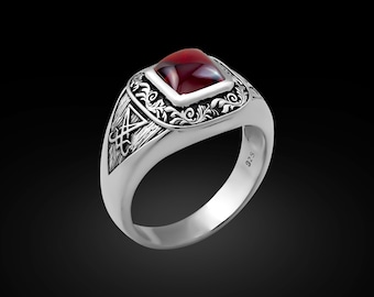 Garnet Sigil of Lucifer Ring: Vintage Sterling Silver Satanism Signet