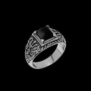925 Sterling Silver Onyx Ring: Poseidon Trident Signet