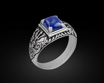 Sterling Silver Lapis Signet Ring: Poseidon Trident Design