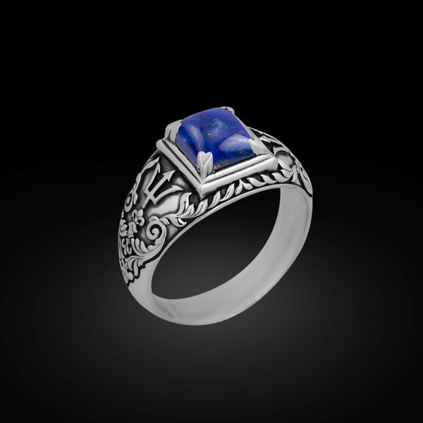 925 Lapis Poseidon ring, Trident ring, Signet Trident ring,Nautical ocean ring,Celtic trident ring,Lapis signet ring, Sailor ring,Lapis Ring
