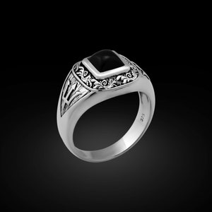 Onyx Poseidon Ring: Vintage Sterling Silver Trident Signet