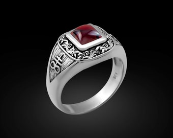 Garnet Brimstone Sterling Silver Ring, Satanic Leviathan Cross