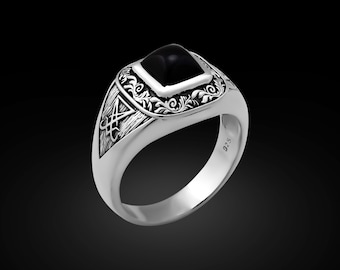 Onyx Sigil of Lucifer Ring: Vintage 925 Sterling Silver Satan Signet