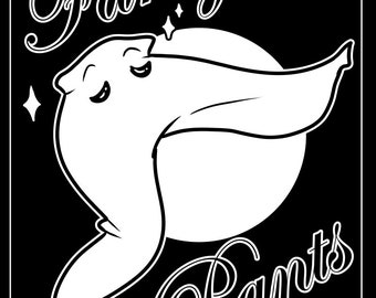 May include: Black and white illustration of a pair of pants with the text "Fancy Pants" above them.