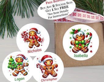 Personalized Gingerbread Man Christmas Stickers, Gift Tags, Treat Bag Labels