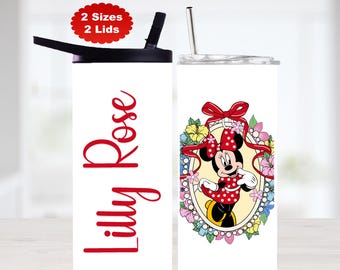 Minnie Mouse Inspired Tumbler, Personalized Name Water Bottle, Youth Sport Bottle