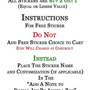 May include: White background with black and green text providing instructions for a free sticker. The text includes "Instructions for Free Sticker" and "Add a Note to Simple Joy by Angela Box".
