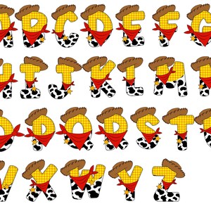 May include: A full alphabet of letters, each designed in a cowboy theme. The letters are yellow with a brown cowboy hat, a red bandana, and black and white cow-print accents. Each letter has a gold star.