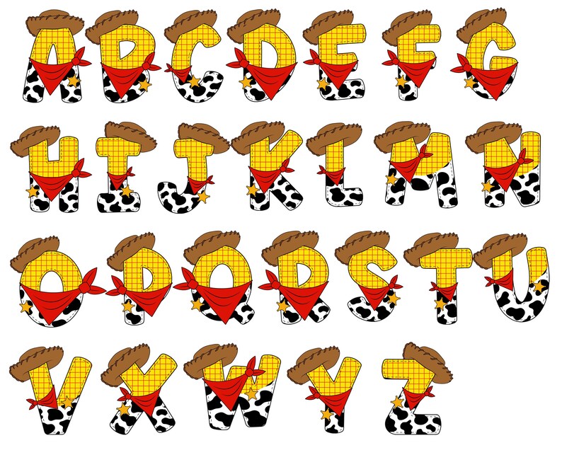 May include: A full alphabet of letters, each designed in a cowboy theme. The letters are yellow with a brown cowboy hat, a red bandana, and black and white cow-print accents. Each letter has a gold star.