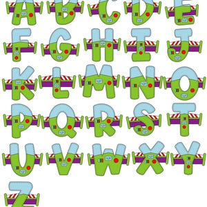 May include: A colorful alphabet set featuring letters A through Z. Each letter is designed with a green and blue color scheme, accented with red and white details. The letters are set against a white background, creating a vibrant and playful design.