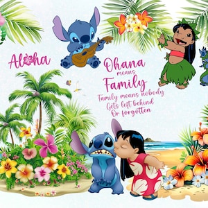 Puede incluir: Ilustraci&oacute;n colorida con personajes de la pel&iacute;cula Lilo & Stitch. La imagen incluye las palabras "Aloha" y "Ohana means Family". Tambi&eacute;n se representan palmeras, flores y Stitch tocando el ukelele.
