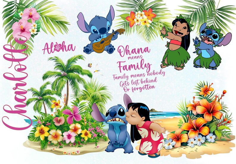 Puede incluir: Ilustraci&oacute;n colorida con personajes de la pel&iacute;cula Lilo & Stitch. La imagen incluye las palabras "Aloha" y "Ohana means Family". Tambi&eacute;n se representan palmeras, flores y Stitch tocando el ukelele.