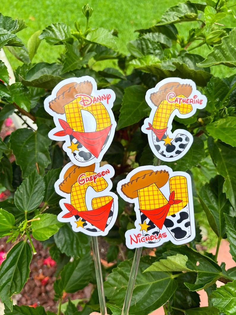 May include: Four decorative garden stakes featuring a cartoon design. Each stake has a letter with a cowboy hat, red bandana, and a name: Danny, Catherine, Greyson, and Nicholas. The letters are yellow with a grid pattern.