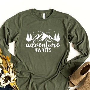 Long Sleeve Camp Shirt, Camping Outfit, Cute Womens Camping Shirt, Long Sleeve Camp Outfit for Men, Adventure Waits Shirt