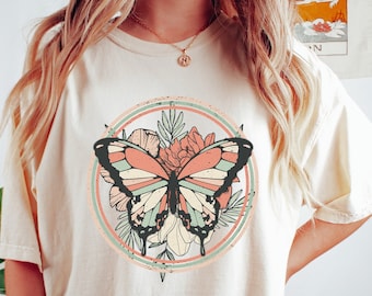 Butterfly Shirt, Comfort Colors Unisex T-shirt, Retro Boho Spring Shirt, Trendy Neutral Floral Tee, Spring T-Shirts For Women, Oversized Tee
