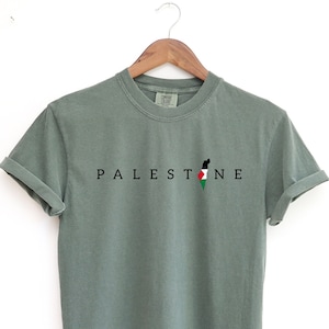 May include: A green t-shirt with the word "PALESTINE" printed in black letters and a silhouette of the Palestinian flag.