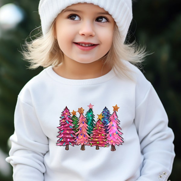 Christmas Trees Sweatshirt for Girls, Pink Christmas Trees Sweatshirt, Toddler Girl Christmas Outfit, PJ Top