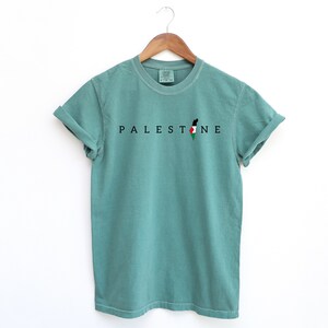 May include: A teal blue t-shirt with the word "PALESTINE" printed in black letters and a stylized outline of Palestine with the Palestinian flag colors.