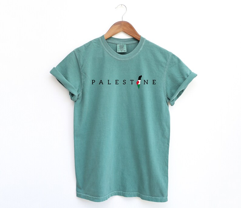 May include: A teal blue t-shirt with the word "PALESTINE" printed in black letters and a stylized outline of Palestine with the Palestinian flag colors.